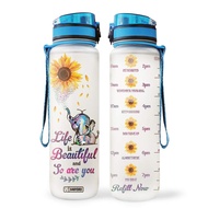64HYDRO 32oz 1Liter Motivational Water Bottle with Time Marker, Colorful Painting Sunflower Elephant