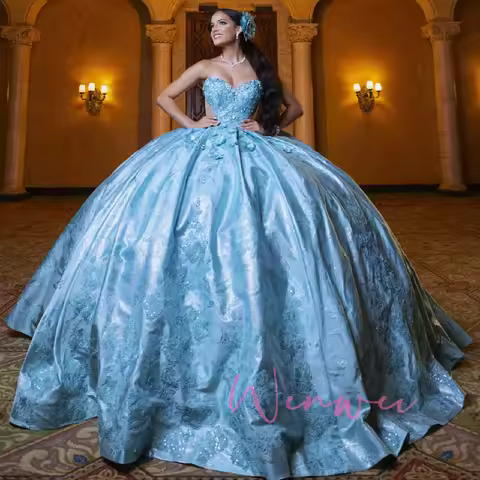Sophie Store Customized Sky Blue Quinceanera Dresses Off Shoulder Ball Gown Sweet 16 Dress Applique 