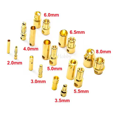 10Pairs 2mm 3.5mm 4mm 5mm 5.5mm 6mm 6.5mm 8mm Gold Bullet Banana Connector Gold-plated Bullet Plug f