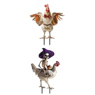 2PCS Halloween Metal Yard Decoration Skeleton Riding Rooster Metal Yard Sign Imitation Halloween Orn