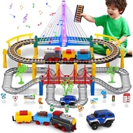 Electric Train Set for Kids Ages 4-8 with Train Tracks Set & Car Tracks Lights Up Bridge Road Sign R