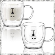 [I O J E] 2 Pack Double Wall Insulated Glass Mugs, 8.5 Oz Cute Bear Coffee Milk Beer Cups for Latte,