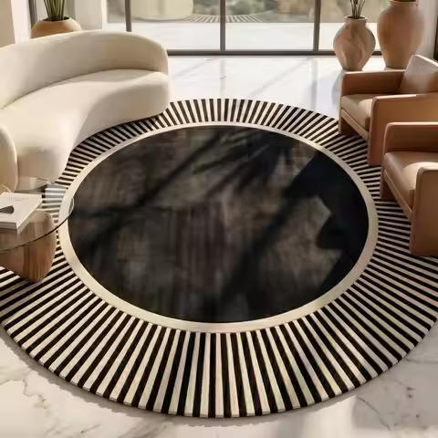 【Room Decor Carpet】Mid-Century Modern Round Carpet, Black and White Striped Border Carpet, Art Deco