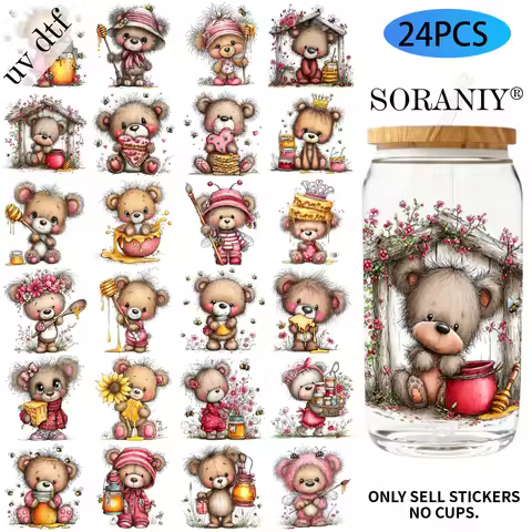 24PCS/Set Whimsical Honey Bear Themed UV DTF DIY 16OZ Transfer Stickers Water Bottles Glass Bottles 