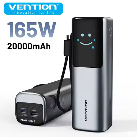 Vention Power Bank 20000mAh 165W PD Fast Charger with Built-in USB-C Cable External Spare Battery Po