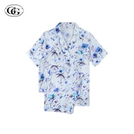 G&G ชุดนอน เสื้อแขนสั้นคอปก กางเกงขายาว ผ้าเรย่อน ลายดอกไม้ EN3R008 สีฟ้า (BU)