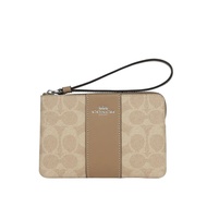 Coach Corner Zip Wristlet In Signature Canvas With Stripe -Sand/Taupe
