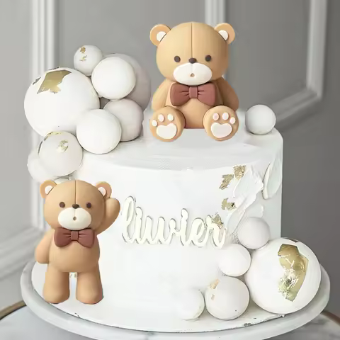 1 Set Brown Bear Cake Toppers 2-4cm White Balls Boho Teddy Bear Cake Topper for Birthday Baby Shower
