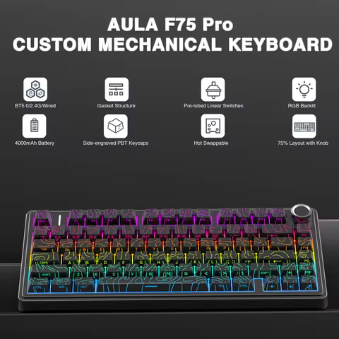 AULA F75 Pro Gasket Mounted Wireless Gaming Mechanical Keyboard RGB Customized 75% Layout Side-engra