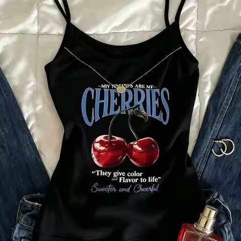 Women's Slogan Cherry Print Casual Camisole Tank Top Crop Top Women Clothes Tank Top Women Clothing 