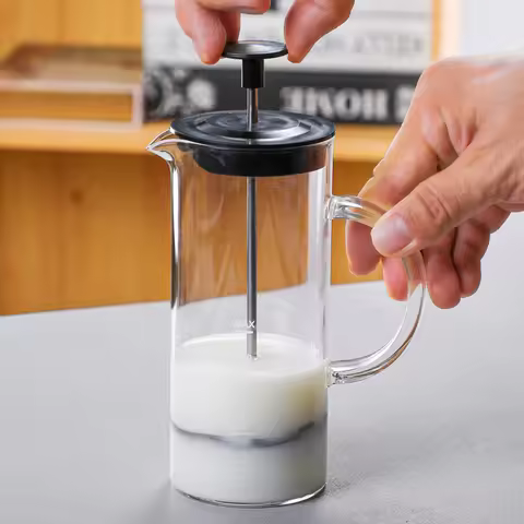 Manual Milk Frother Glass Milk Foamer Coffee Pot Glass Mesh French Press Coffee Maker Frother Jug Mi