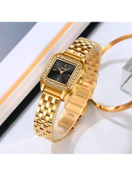 Skmei金色女式一體不鏽鋼表帶手錶，30米防水石英手錶，適用於假日