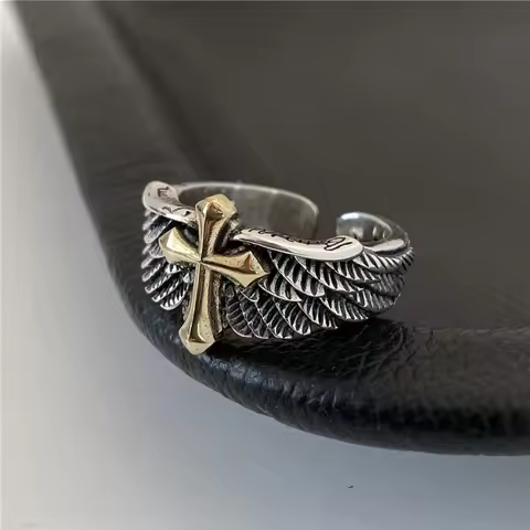Sole Memory 925 Sterling Silver Thai Silver Feather Cross Eagle Wings Resizable Opening Ring For Wom