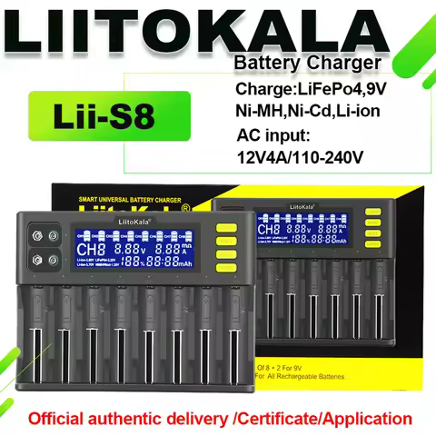 LiitoKala Lii-S8 LCD Universal Charger for 18650 26650 21700 26700 18350 AA AAA 9V Li-ion NiMH Li-Fe