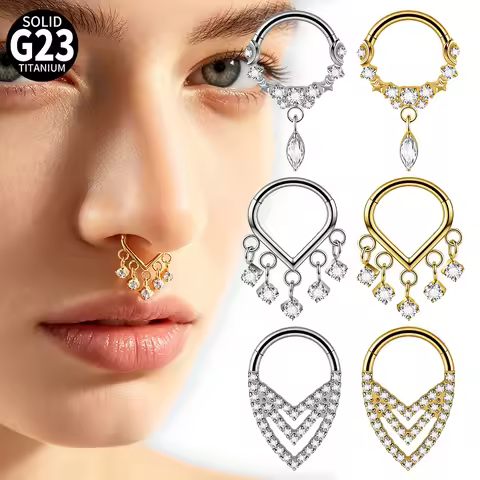 1PC G23 Titanium Carving Zircon Hinged V Septum Clicker Nose Ring Star & Moon Hoop Dangle CZ Cartila