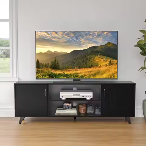 Mid Century TV Stand Entertainment Center with 2 Doors, Wooden Media Console Table for Living Room F