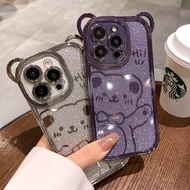 CrashStar Glitter Cute Bear Plating Soft Shockproof Phone Case For iPhone 15 14 13 12 11 Pro Max X XR XS Max 8 + 7 Plus Cartoon Cute Silicone Phone Casing Cover With Full Cover Lens Camera Protection Hot Sale