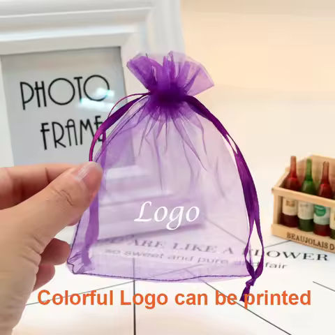 100Pcs Customized colorful Logo Drawstring Organza Bags small Pouches Jewelry display Package Bags j