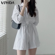 Vonda ชุดจั๊มสูท สั้น แขน 34 ลายทาง ติดกระดุม สไตล์เกาหลี เหมาะกับฤดูร้อน สําหรับผู้หญิง