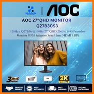 AOC Q27B30S3 @120Hz / Q27B36 @100Hz 27" QHD 2560 x 1440 Frameless Monitor | IPS | Adaptive Sync | 1m