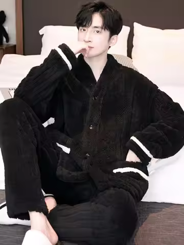 Thi Coral Fce Pajamas Men's Autumn Winter Long Plu Casual Large Size Outdoor Wearable Flannel Home C