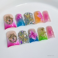 3D Press-on Nails chạm khắc Frosted Blush Multcolor Blush Fake Nails 3D Thiết kế thủ công Ice Ombre