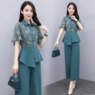 大碼 套裝 女 2024 新款 大碼女裝上衣新款韩版 Slimming Women's 2025 New Style Summer Two-Piece Suit with Wide-Leg Pants