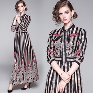 Women Stripe Flower Printed Long Sleeve Maxi Long Dress Causal Dress