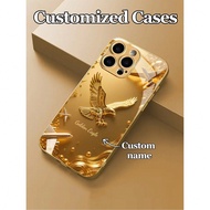1pc Customizable Personalized Text With Luxury Gold Eagle Design Tempered Glass Phone Case, Suitable
