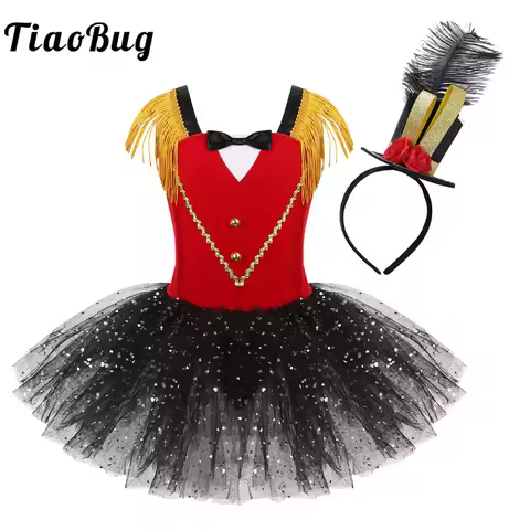 Kids Girls Sequins Circus Ringmaster Cosplay Costume Fringed Shoulder Tulle Tutu Leotard Dress Hallo