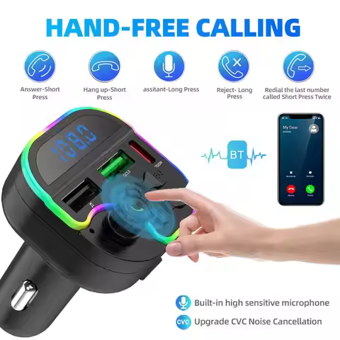 Bluetooth 5.0 Car FM Transmitter PD30W QC3.0 Type-C 3.1A Dual USB Ambient Player MP3 Charger Type-C 