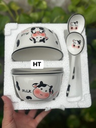 Set 2 bộ bát kèm thìa chất liệu gốm sứ cao cấp họa tiết ngộ nghĩnh