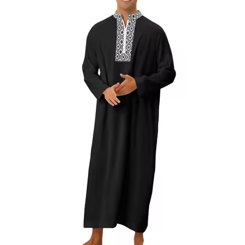 Muslim Men's Robe Embroidered Zipper Loose Long Shirts Ramadan Prayer Kaftan Pakistan Attire Thobe G
