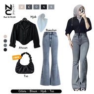 KEMEJA Latest Black Aesthetic Oneset (women's shirt + cutbray jeans + bella square hijab) NC044