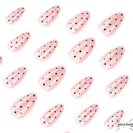 24PCS Nude Cat Eyes Fake Nails with Black Polka Dot Printed Almond Shape for Women