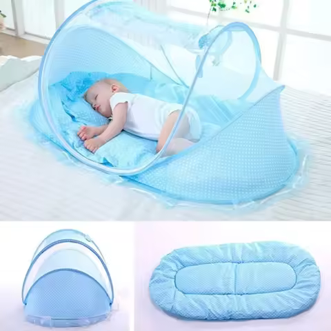 J15U 4 Piece Travel Friendly Baby Sleeping Net Compact Storage & Cotton Pillow Set