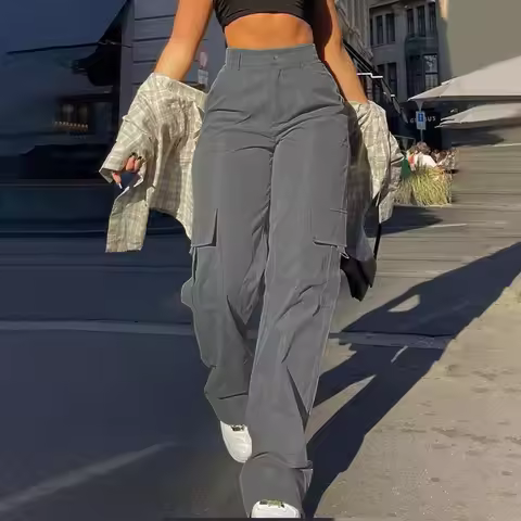 Ladies' Street Fashion Multi Pocket Cargo Pants Summer Solid Color Straight Leg Pants High Waist Sli