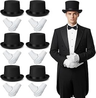 6 Sets Black Top Hat & White Formal Gloves Set for Halloween Butler Gentleman Costume Victorian Stea