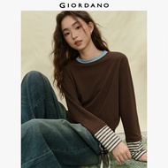 Giordano Contrast Color Round Neck Patchwork Striped Long Sleeve T-Shirt - dark bar texture knit (so
