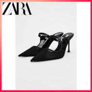 ZARA Spring New Products Women's Shoes Black Mesh Fabric Pointed Toe Stiletto Heels Mules