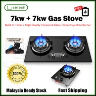 LiveTech 7kw+7kw Dapur Gas Tempered Kaca Gas Stove Tempered Glass Embedded Double Burner Household K
