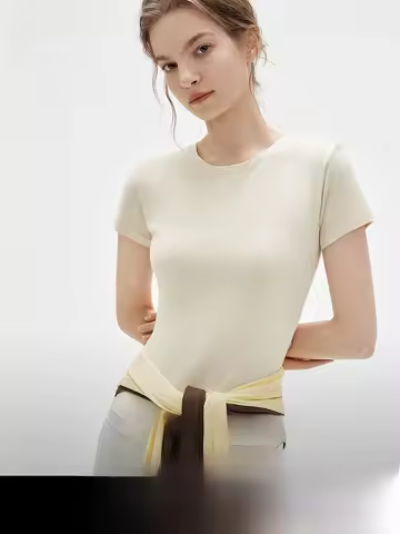 ELLE Women's round Neck Short Sleeve T-Shirt Breathable Base Layer Top Versatile Color Summer New Ar