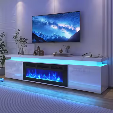 71Inch LED TV Stand with 40In Fireplace for 80Inch TV, Modern Fireplace TV Stand with Power Outlet, 