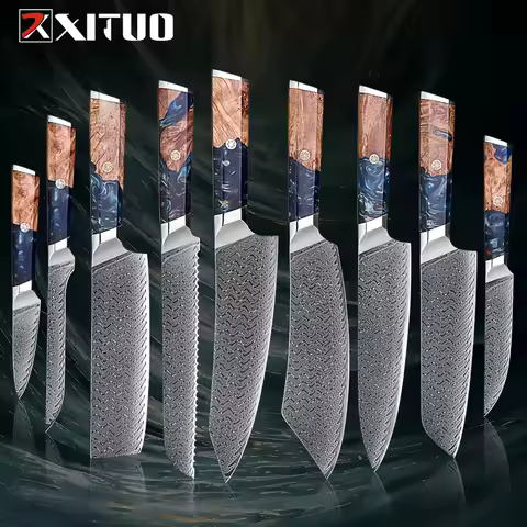1-9 Pcs Damascus Knife Set Japanese Kitchen Knives VG10 Steel Core Ultra-Sharp Pro Chef Knife Set wi