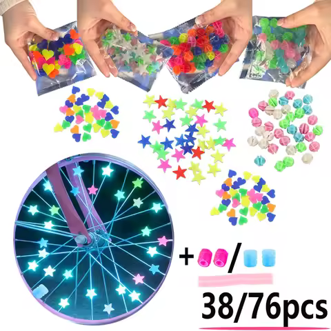 38/76pcs Spoke Beads&Valve Caps Set Glow-in-the-Dark Bicycle Wheel Spoke Beads Luminous Star Wheel D