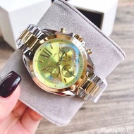 MICHAEL KORS手錶女 時尚百搭鋼帶錶 間金綠色六針石英錶 三眼計時女生腕錶 休閒精品錶MK6198