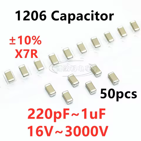 50pcs 1206 SMD Capacitor 220/330/470/680PF 1/2.2/4.7/10/15/22/27/33/47/68/100/120/150/220/270/330/47