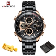 Naviforce นาฬิกาแฟชั่นบุรุษนาฬิกาควอทซ์ดิจิตอล LED หนังหรูหราแบรนด์ชั้นนำแบบทหารกันน้ำสำหรับผู้ชายสิ