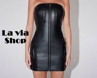 KHY Original Leather Buying Store ชุด Kylie สไตล์เดียวกันหนังเทียม PU Zipper Wrap กระโปรงหน้าอกสําหร