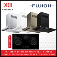 FUJIOH FR-CL1890 R/V 900MM CHIMNEY COOKER HOOD + FH-GS6530 SVGL BLACK GLASS GAS HOB BUNDLE